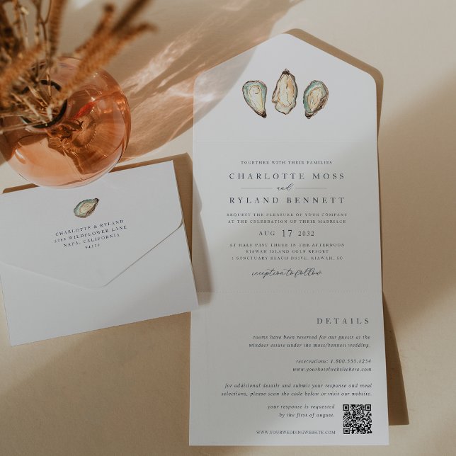 Coastal Watercolor Oyster Wedding All In One Invitation (Coastal oyster wedding invitations with a detachable details card)