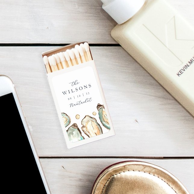 Coastal Watercolor Oyster Wedding Favor Matchboxes (Creator Uploaded)