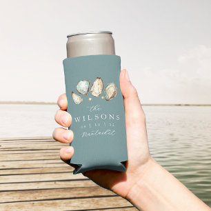 Coastal Watercolor Oyster Wedding Favor Seltzer Can Cooler