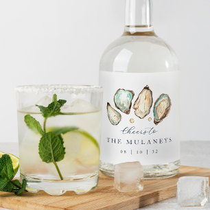 Coastal Watercolor Oyster Wedding Liquor Bottle Label