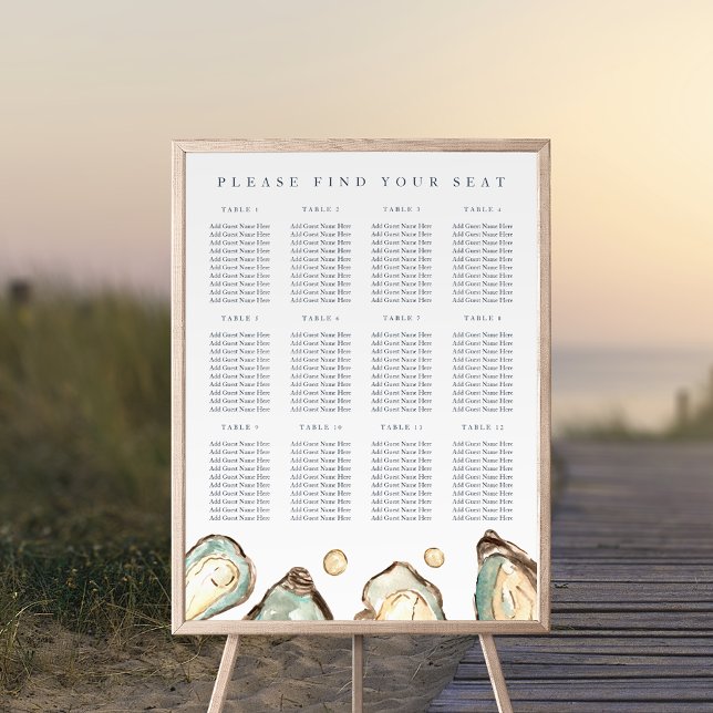 Coastal Watercolor Oyster Wedding Seating Chart (Coastal oyster wedding seating chart)