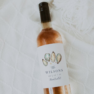 Coastal Watercolor Oyster Wedding Wine Label