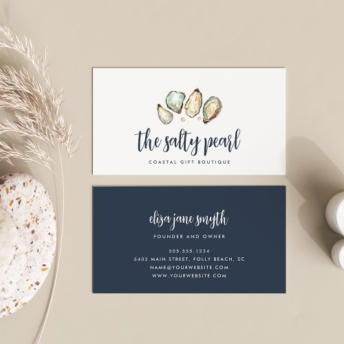 Coastal Watercolor Pearl  Oyster Business Card