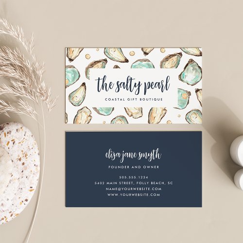 Coastal Watercolor Pearl  Oyster Business Card