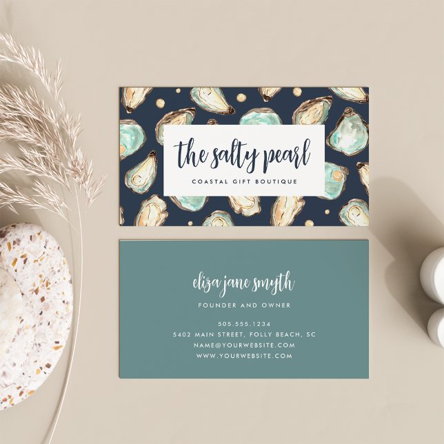 Coastal Watercolor Pearl & Oyster Business Card