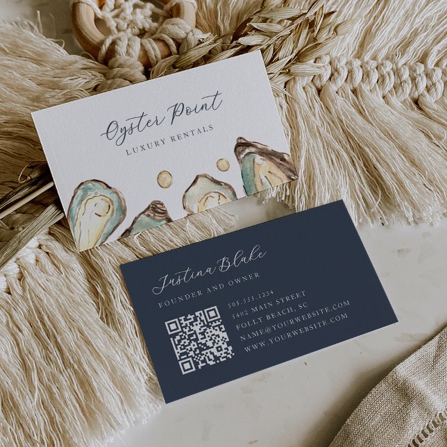 Coastal Watercolor Pearl & Oyster QR Code Business Card (Creator Uploaded)