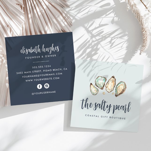 Coastal Watercolor Pearl & Oyster Square Square Business Card (Creator Uploaded)