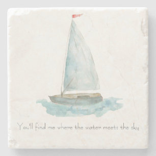 Coastal Watercolor Sailboat  Stone Coaster