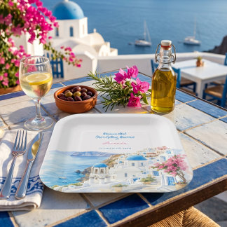 Coastal Watercolor Santorini Greece Bridal Shower Paper Plates