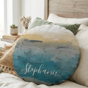Coastal Watercolor Script Name Round Pillow