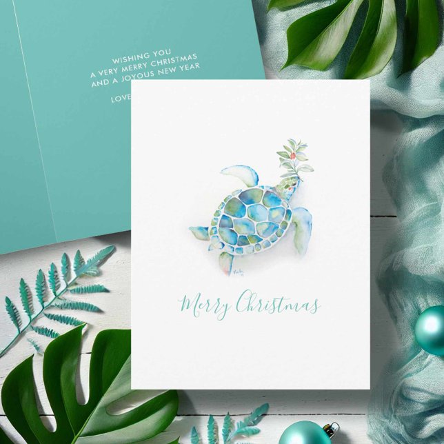 Coastal Watercolor Sea Turtle Beach Christmas Card (Coastal Christmas cards turquoise watercolor sea turtle art by Victoria Grigaliunas Do Tell A Belle)