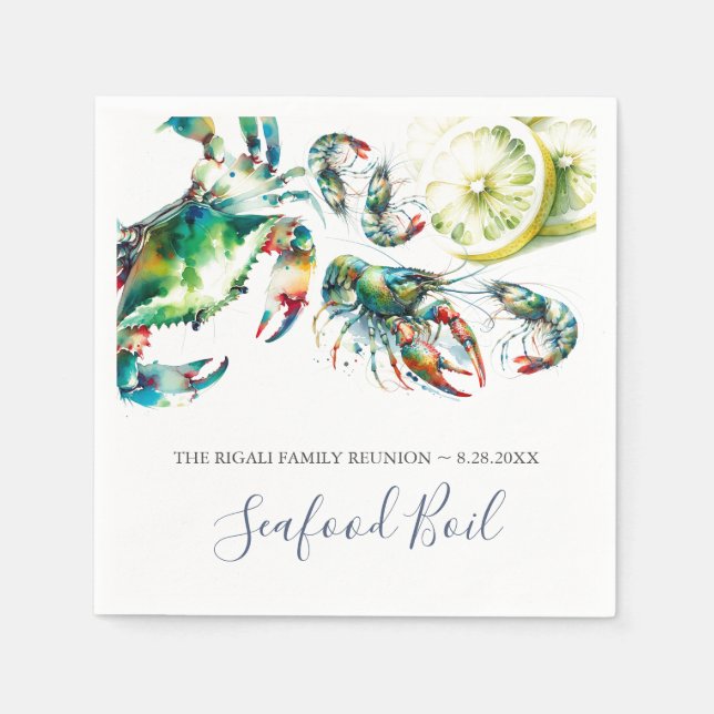 Coastal Watercolor Seafood Personalized Napkins (Front)