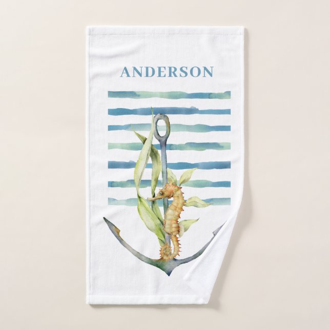 COASTAL Watercolor Seahorse & Anchor Design  Hand Towel (Hand Towel)