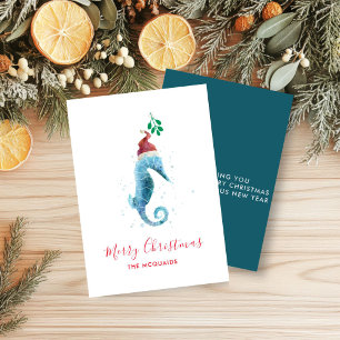 Coastal Watercolor SeaHorse Christmas Holiday Card