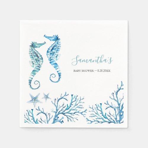 Coastal Watercolor Seahorse Personalized Napkins