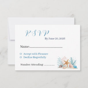 Coastal Watercolor Seashells & Coral Beach Wedding RSVP Card