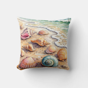 Coastal Watercolor Seashells on the Shore Beach Throw Pillow