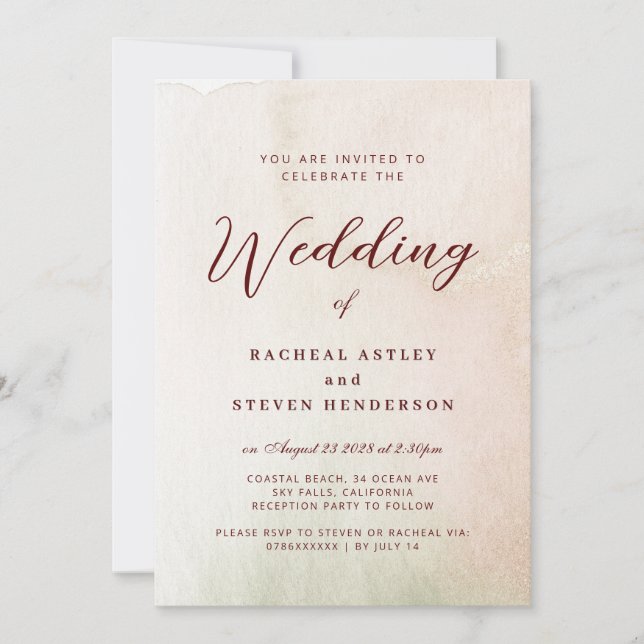 Coastal Watercolor Sepia Elegant Wedding  Invitation (Front)