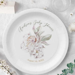 Coastal Watercolor Shells and Floral Baby Shower Paper Plates