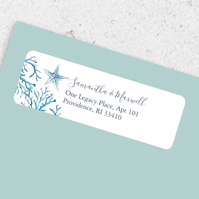 Coastal Watercolor Under the Sea Address Labels (Return address sticker features watercolor starfish and sea coral art by Victoria Grigaliunas)