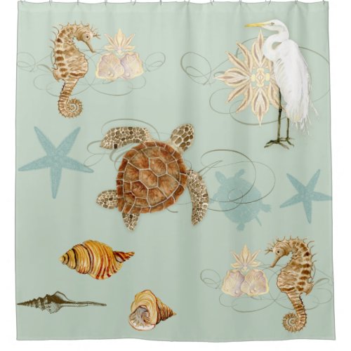 Coastal Waterways Egret Seahorse Sea Turtle Shells Shower Curtain