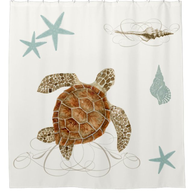 Coastal Waterways Sea Life Turtle Starfish Shells Shower Curtain (Front)