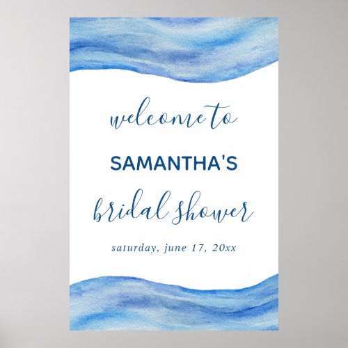 Coastal Wave Watercolor Blue Bridal Shower Sign