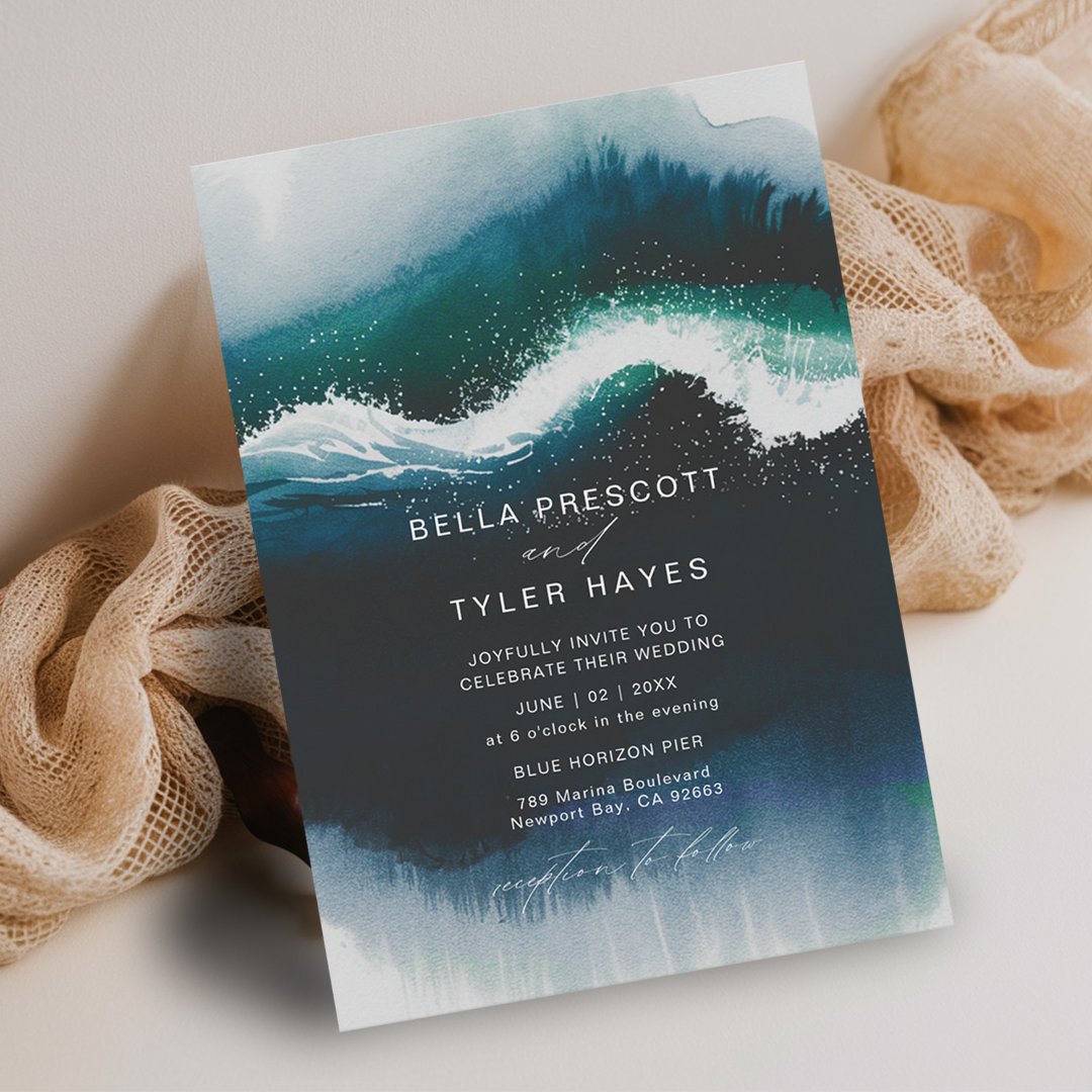 Coastal Waves Navy Beach Ocean Elegant Wedding                    Invitation