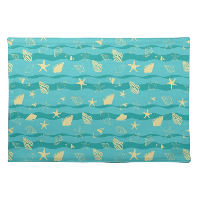 Coastal Waves & Seashell Pattern Cloth Placemat (Front)