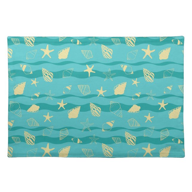Coastal Waves & Seashell Pattern Cloth Placemat (Front)