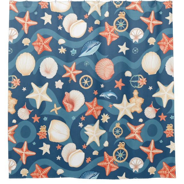 Coastal Waves & Seashells Shower Curtain (Front)