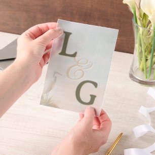 Coastal Wedding Big Initials Egret Overlay Vellum Invitations