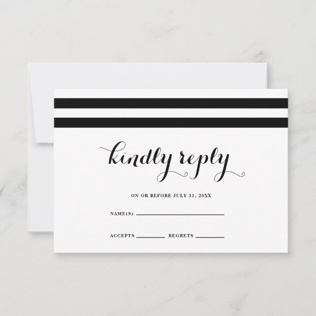 Coastal Wedding Black and White Stripes RSVP Card (Front)