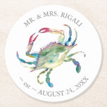 Coastal Wedding Blue Crab Round Paper Coaster<br><div class="desc">Coastal wedding coasters were designed using a replica of my original watercolor blue crab in shades of ocean blue,  reds and greens. Personalize with your name and wedding date. To see more tropical beach wedding favors and party decor visit www.zazzle.com/dotellabelle</div>