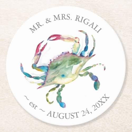 Coastal Wedding Blue Crab Round Paper Coaster