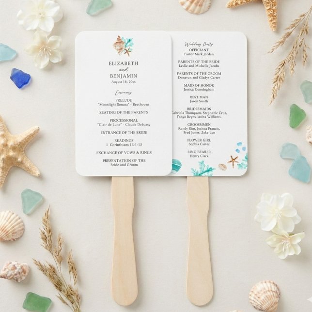 Coastal Wedding Ceremony Program Beach Tropical Hand Fan (Creator Uploaded)