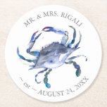 Coastal Wedding Crab Blue Round Paper Coaster<br><div class="desc">Coastal wedding coasters were designed using a replica of my original watercolor crab in shades of ocean blue. Personalize with your name and wedding date. To see more tropical beach wedding favors and party decor visit www.zazzle.com/dotellabelle</div>