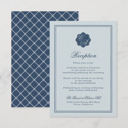 Coastal Wedding Dusty Blue Monogram Reception Enclosure Card