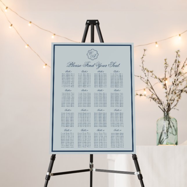 Coastal Wedding Dusty Blue Seating Chart Sign (In Situ (Stand))