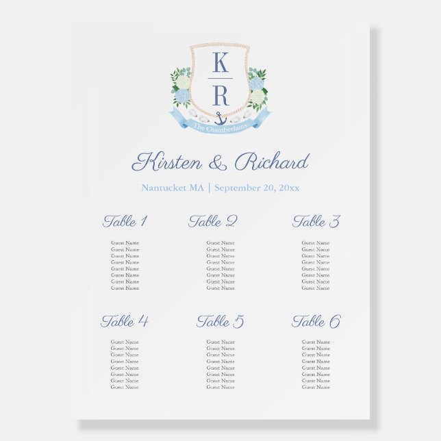 Coastal Wedding Monogram 6 Tables Seating Chart Foam Board (Front)