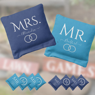 Coastal Wedding Mr Mrs Script Navy White Nautical Cornhole Bags
