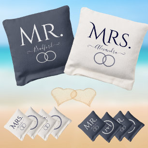 Coastal Wedding Mr Mrs Script Navy White Nautical Cornhole Bags