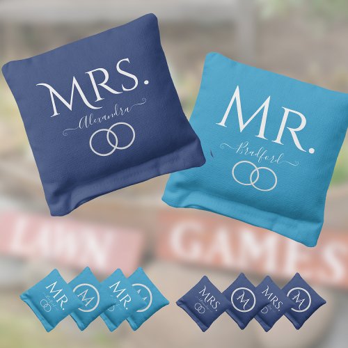 Coastal Wedding Mr Mrs Script Navy White Nautical  Cornhole Bags