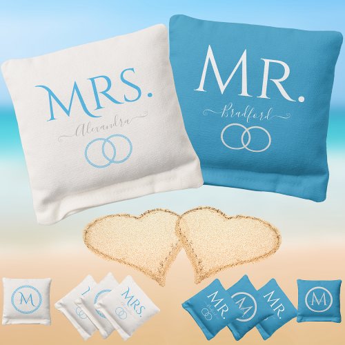 Coastal Wedding Mr Mrs Script Teal White Nautical Cornhole Bags