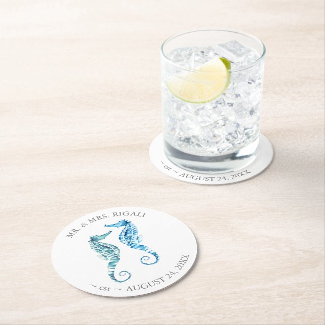 Coastal Wedding Seahorse Round Paper Coaster (Insitu)