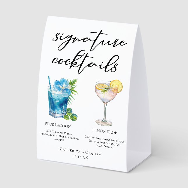 Coastal Wedding Signature Cocktails Menu Paper Table Tent (Front)