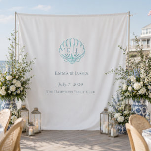Coastal Welcome Blue Seashell Wedding Backdrop