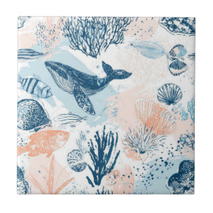 Coastal Whale Sea Life Coral Blue Peach (1) Ceramic Tile