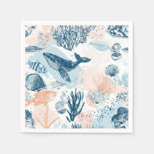 Coastal Whale Sea Life Coral Blue Peach (1) Napkins