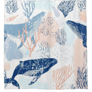 Coastal Whale Sea Life Coral Blue Peach (1) Shower Curtain